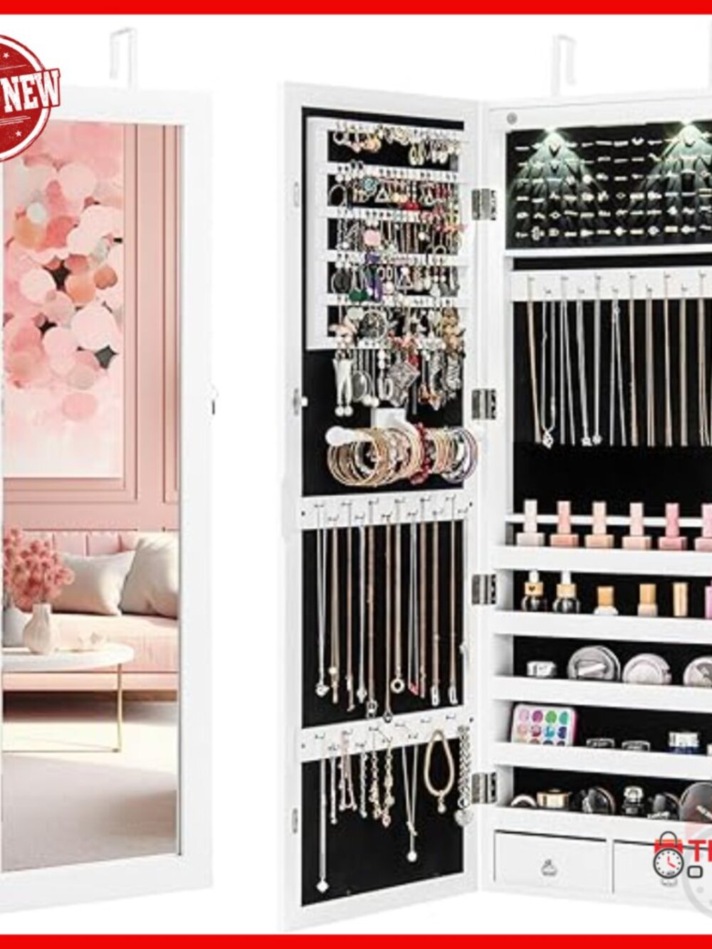 Wall Mount Jewelry Cabinet With Full Length Mirror, Lockable, Led Lights, 2